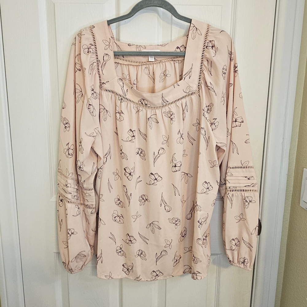 LC Lauren Conrad XXL Pink Floral Square Neck Blouse Balloon Sleeve Crochet Lace